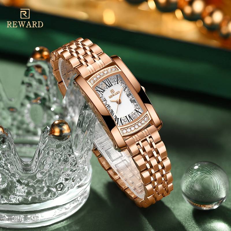 Women’s quartz watch with stainless steel band.