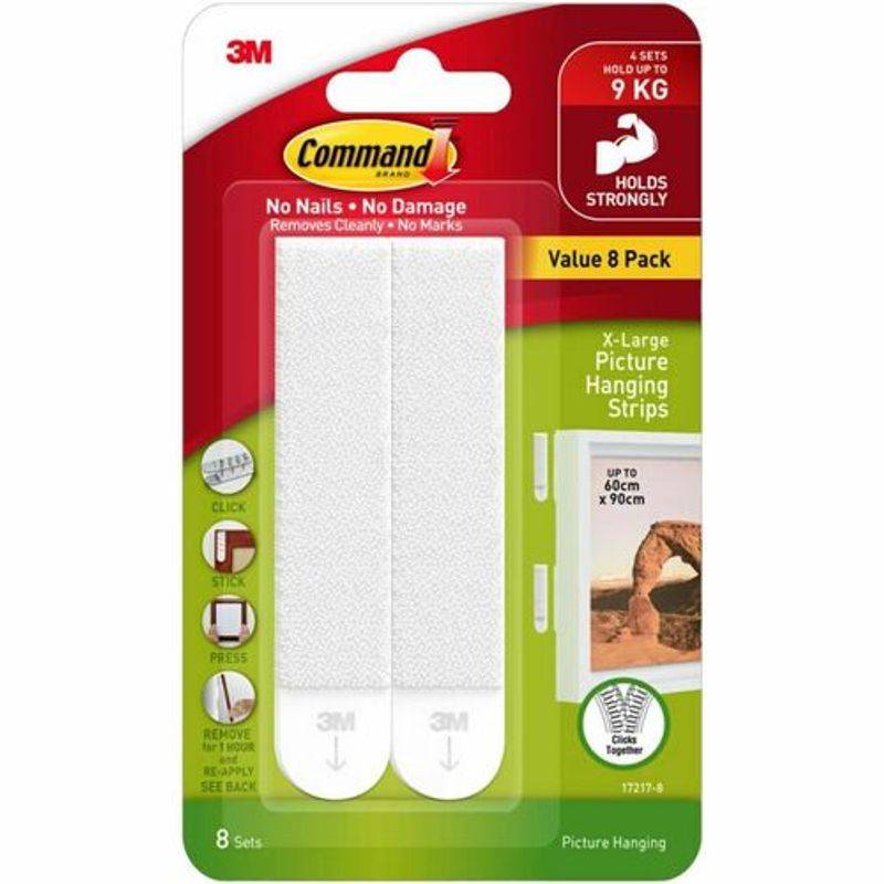 Hanging Strips XL are X-Large picture hanging strips designed for damage-free wall mounting. They securely hold picture frames and decor up to 20 lb without nails or tools. The strips lock together to keep pictures level and remove cleanly when redecorati