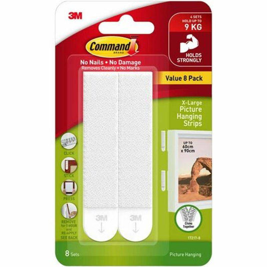 Hanging Strips XL are X-Large picture hanging strips designed for damage-free wall mounting. They securely hold picture frames and decor up to 20 lb without nails or tools. The strips lock together to keep pictures level and remove cleanly when redecorati