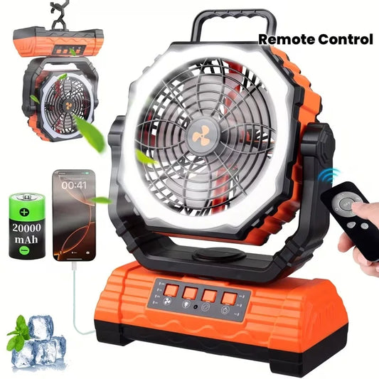 Cold Air Battery Powered Fan with 4LED Lantern, 20000mAh Dual Motor Camping Fan, 4-Speed Adjustable Desktop Fan with Hook, Remote Control Portable Outdoor Fan Suitable for Tents, Power Outages and Construction Sites