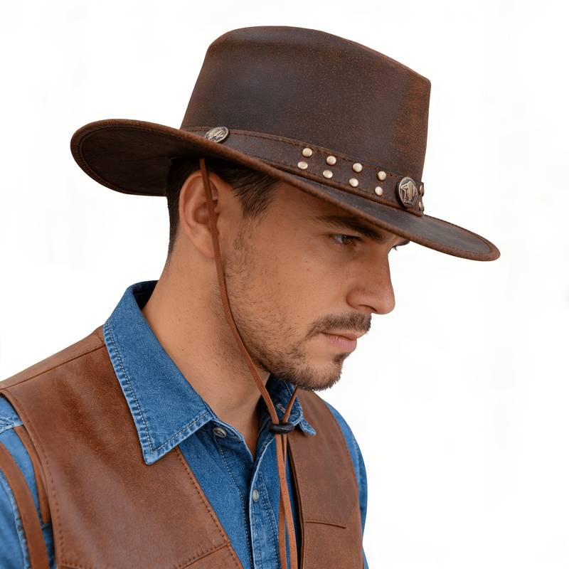 Unisex Leather Cowboy Hat with Wide Brim