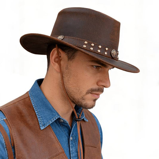 Unisex Leather Cowboy Hat with Wide Brim