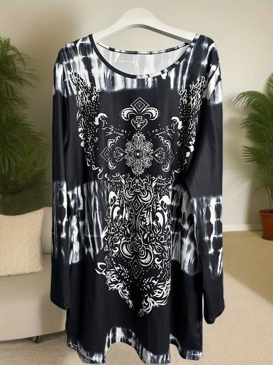 Plus Size Boho Tie-Dye Long Sleeve Tunic Top