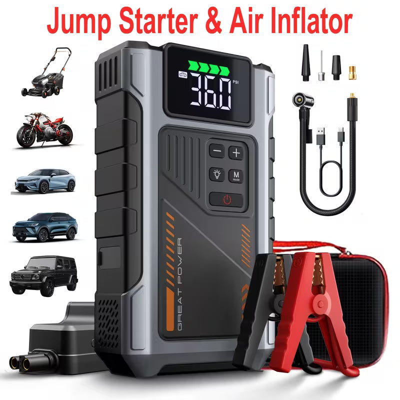 9-in-1 Portable Jump Starter with Air Compressor, 12V Car Battery Jump Starter, Portable Car Battery Charger, Fits 2.11gal Gas/ 1.72gal Diesel Fast Car Starting, USB Input & Output, LED Emergency Light, Auto Accessory Tool, Christmas Gift