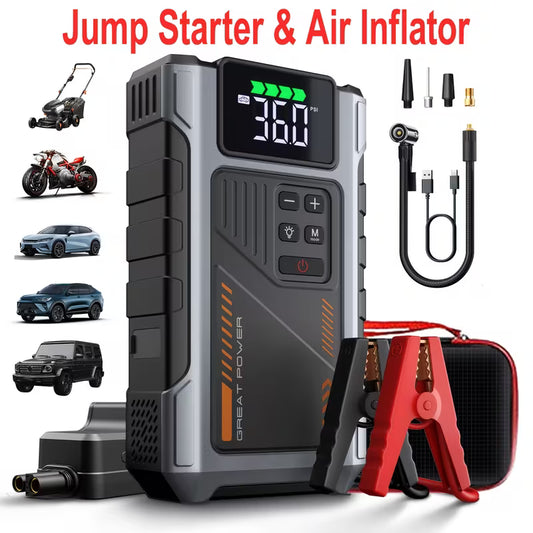 9-in-1 Portable Jump Starter with Air Compressor, 12V Car Battery Jump Starter, Portable Car Battery Charger, Fits 2.11gal Gas/ 1.72gal Diesel Fast Car Starting, USB Input & Output, LED Emergency Light, Auto Accessory Tool, Christmas Gift