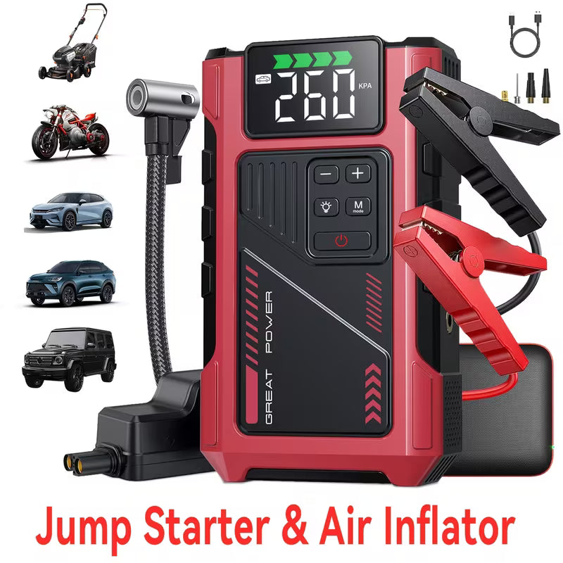 9-in-1 Portable Jump Starter with Air Compressor, 12V Car Battery Jump Starter, Portable Car Battery Charger, Fits 2.11gal Gas/ 1.72gal Diesel Fast Car Starting, USB Input & Output, LED Emergency Light, Auto Accessory Tool, Christmas Gift