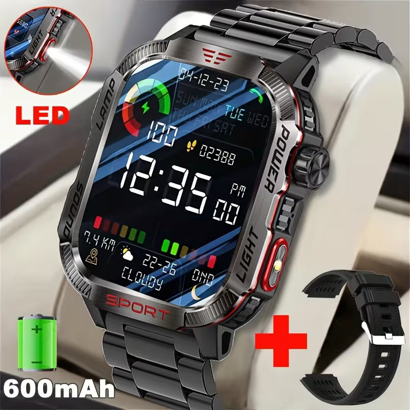 Rugged Outdoor Smartwatch (Receive/Make Call), for iPhone & Android Wireless Call Smartwatch, with LED Flashlight, Sports, 600mAh Battery