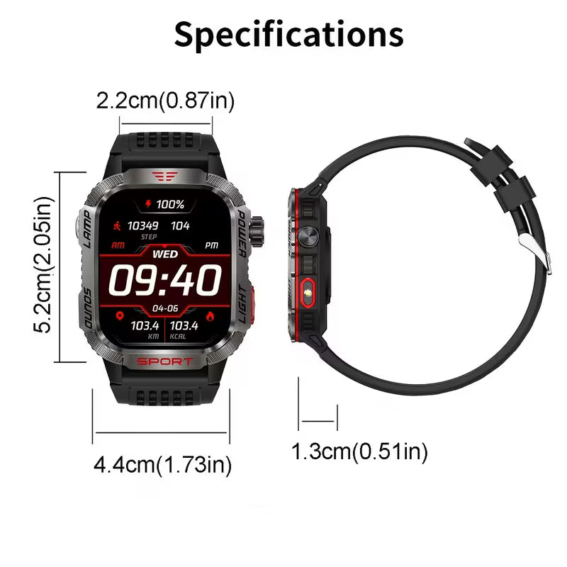 Rugged Outdoor Smartwatch (Receive/Make Call), for iPhone & Android Wireless Call Smartwatch, with LED Flashlight, Sports, 600mAh Battery