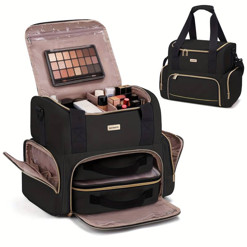 Large double-layer travel makeup organizer bag.