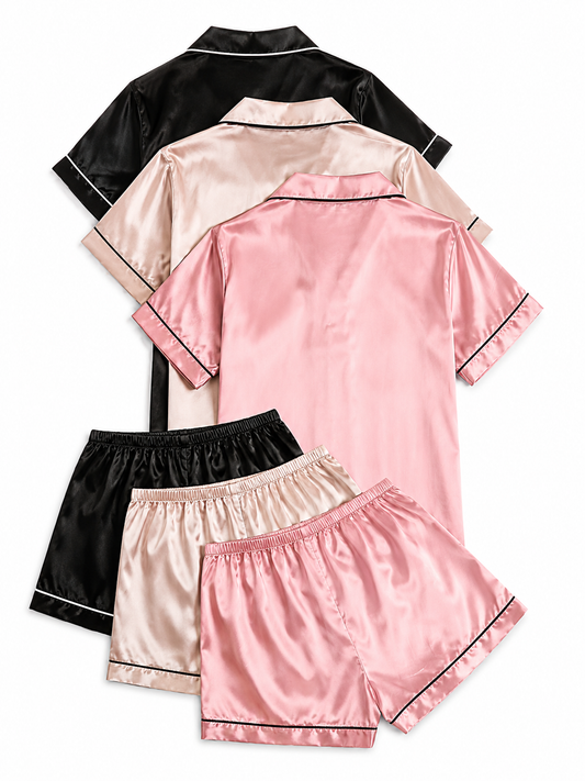 Casual, Fashionable, and Comfortable 6pcs Set in 3 Colors: Solid, Plain, Satin, and Satin Trim Short-Sleeve Shirt & Elastic Waist Shorts Pajama Set