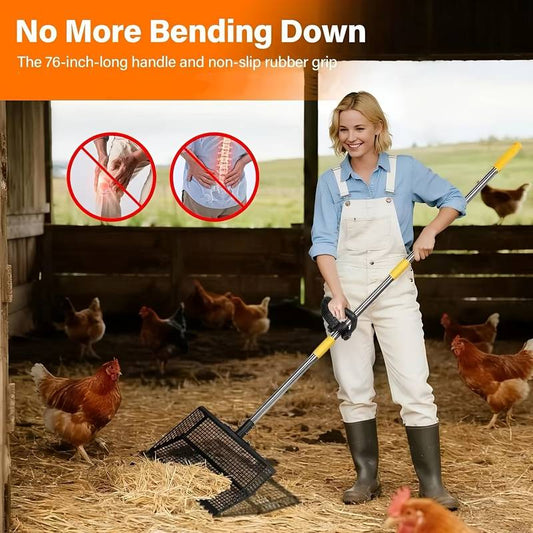 Scooper & Rake 2-in-1 Horse Chicken Poop Scooper, Adjustable 26-76" Stainless Steel Handle, Litter Scooper & Sand Sifting Shovel for Chicken Horse Coop Shovel-Strong Enough for Farm Life! SHATTERPROOF, Lightweight + Built to Last