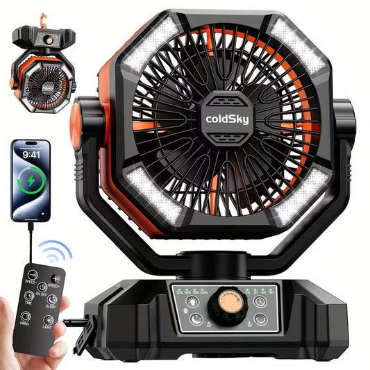 20000Mah Battery Powered Camping Fan - Dual Motor, 8-Speed with Remote Control & 4 LED Lanterns, Portable Outdoor Fan with Hook for Tent, Power Outage, Construction Site, For Outdoor Camping Travel