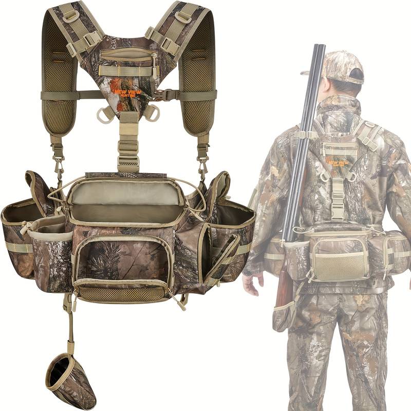 Camo hunting waist pack with 9 pockets and rifle holder.