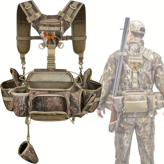 Camo hunting waist pack with 9 pockets and rifle holder.