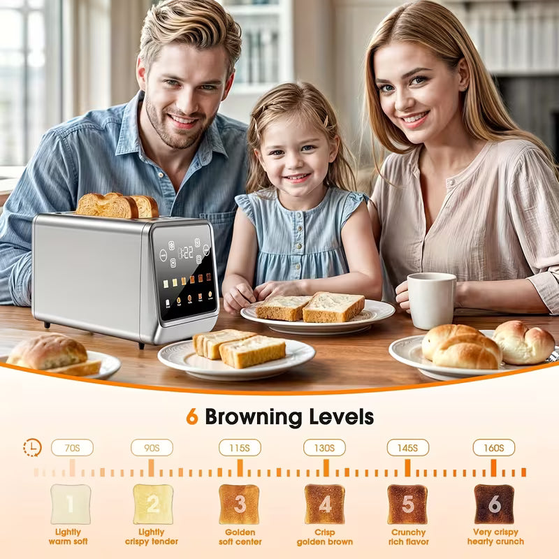 Touch Screen Toaster 2 Slice, Stainless Steel Smart Digital Toasters With Memory Function, 5 Bread Types & 6 Shade Settings, 1.5" Toasters 2 Slice Wide Slot, 900W.