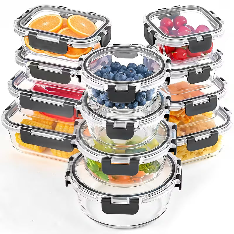 12pcs Thickened Glass Food Storage Containers with Lids Meal Prep Pantry Kitchen Storage Containers for Lunch Leak-Proof Airtight Glass Lunch Bento Boxes for Microwave Oven Freezer And Dishwasher