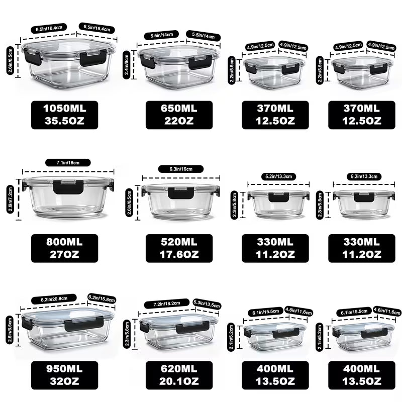 12pcs Thickened Glass Food Storage Containers with Lids Meal Prep Pantry Kitchen Storage Containers for Lunch Leak-Proof Airtight Glass Lunch Bento Boxes for Microwave Oven Freezer And Dishwasher
