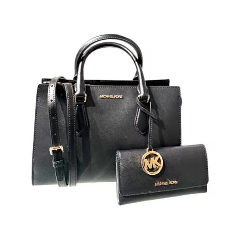 Michael Kors Medium Satchel Handbag Purse Messenger Crossbody+Wallet black leather kit Valentine's Day Gift