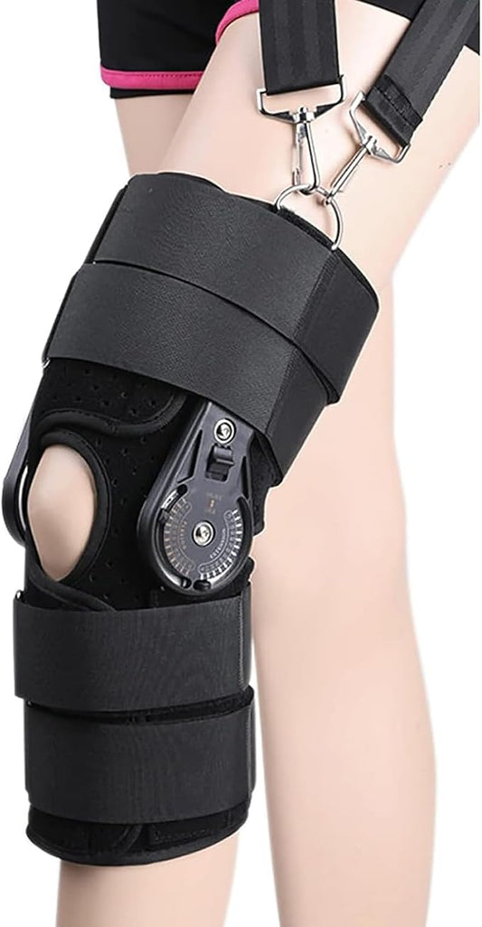 Adjustable hinged knee brace for support and stability.