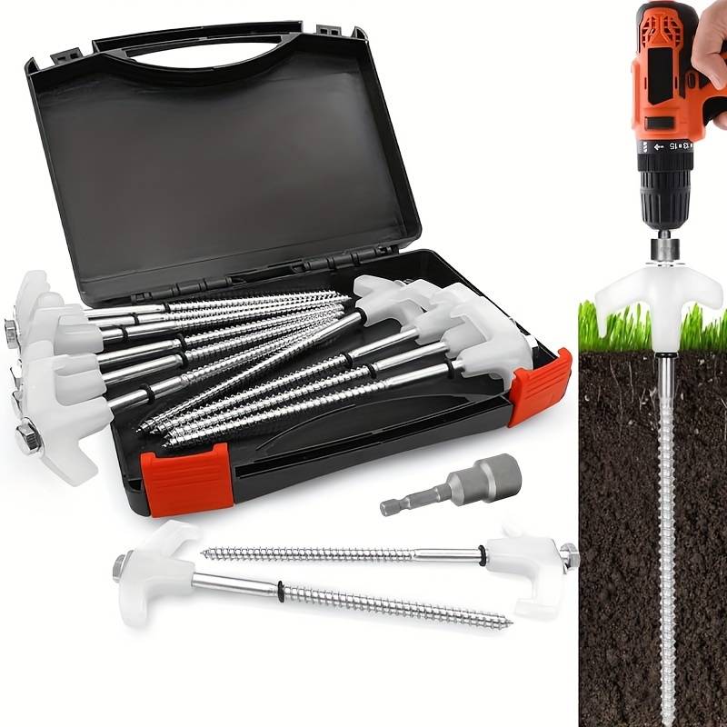 12-pack heavy-duty 8-inch tent stakes with storage box.