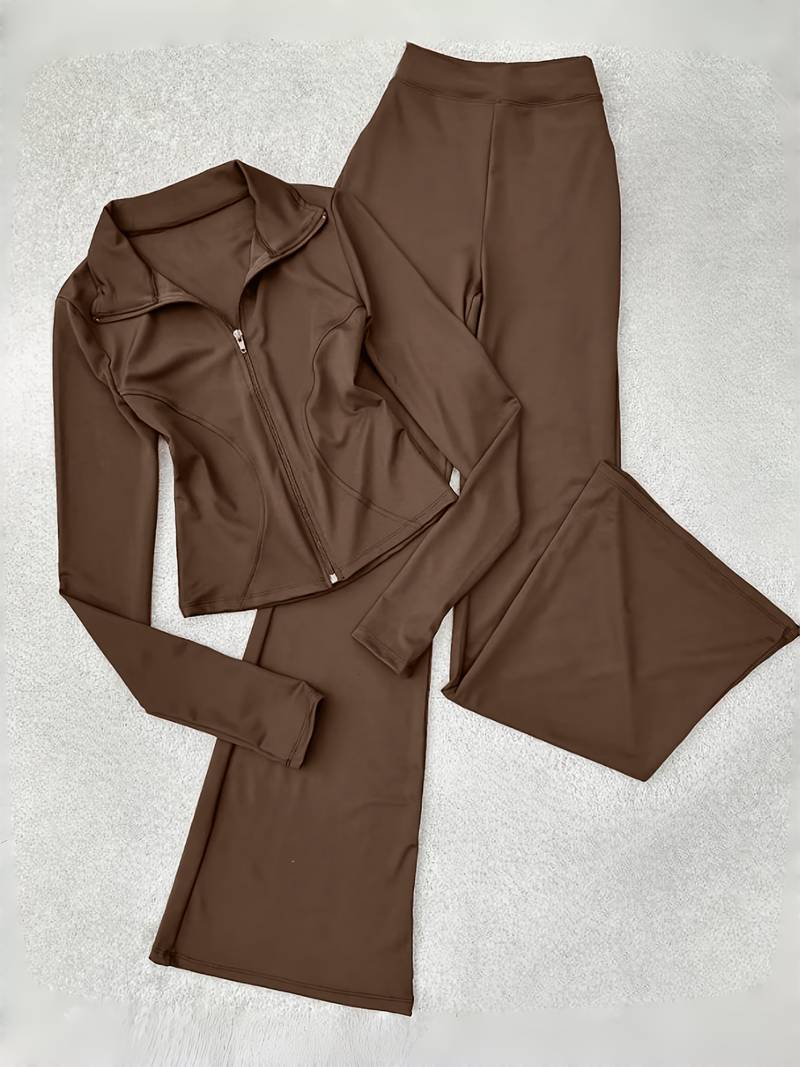 Women’s zip-up top and flared pants set.