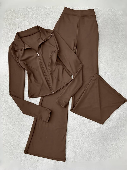 Women’s zip-up top and flared pants set.