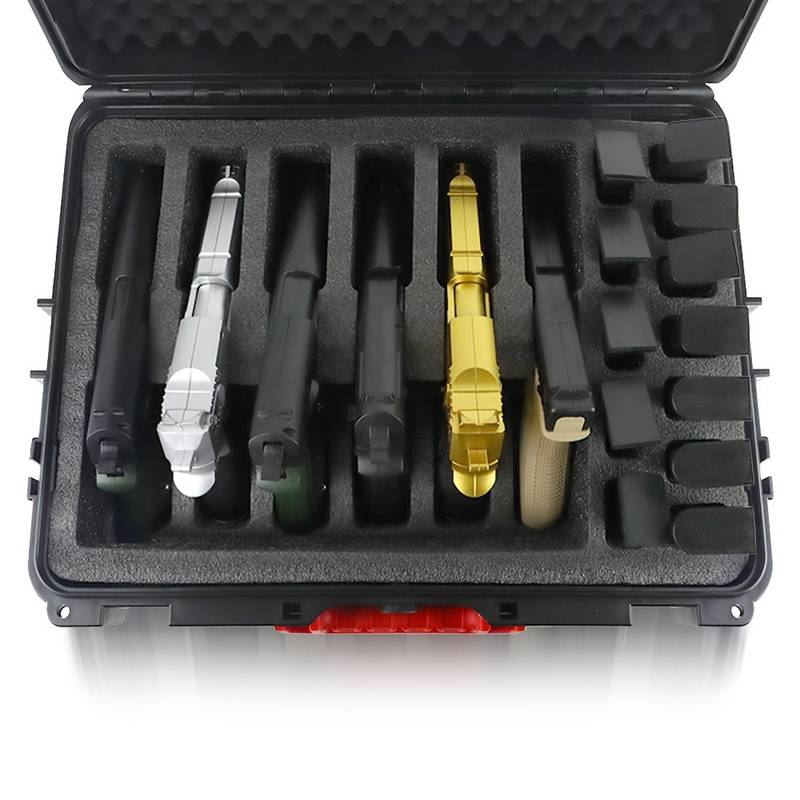Hard case for 6 handguns & 12 magazines.
