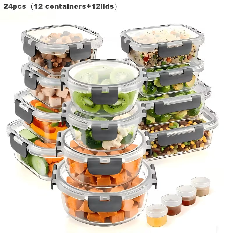 24pcs（12 containers+12 lids）Glass Food Containers with Lids, Meal Prep, Food Storage Kitchen Lunch Containers, Leak-proof, Sealed Glass Lunch Bento Boxes, Suitable for Microwave, Oven, Refrigerator, And Dishwasher, Grey