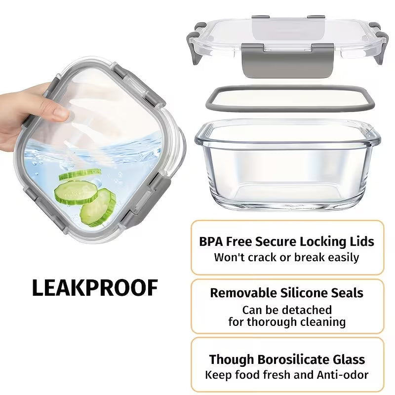 24pcs（12 containers+12 lids）Glass Food Containers with Lids, Meal Prep, Food Storage Kitchen Lunch Containers, Leak-proof, Sealed Glass Lunch Bento Boxes, Suitable for Microwave, Oven, Refrigerator, And Dishwasher, Grey