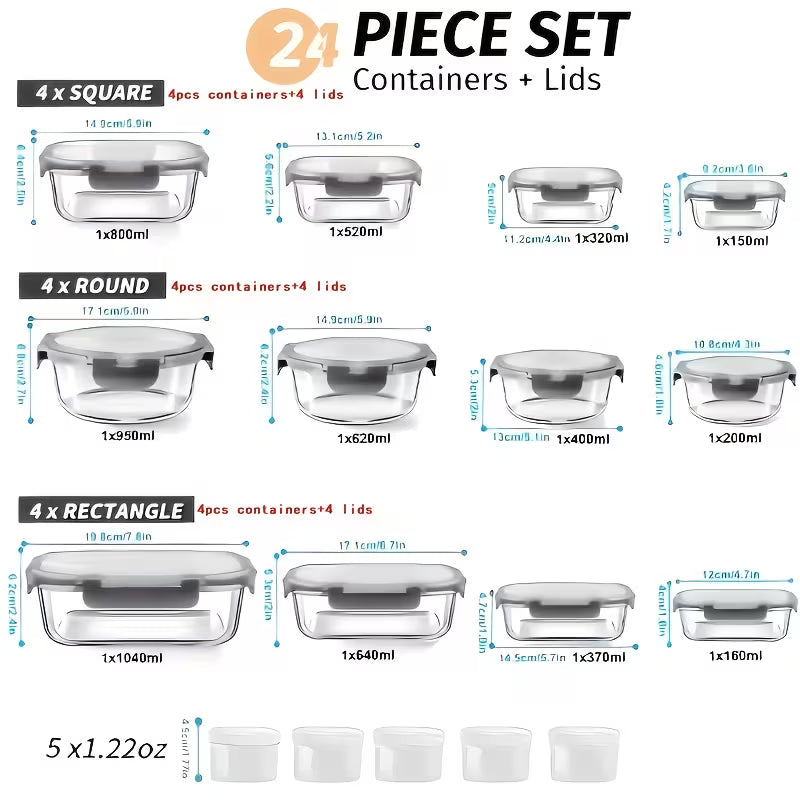 24pcs（12 containers+12 lids）Glass Food Containers with Lids, Meal Prep, Food Storage Kitchen Lunch Containers, Leak-proof, Sealed Glass Lunch Bento Boxes, Suitable for Microwave, Oven, Refrigerator, And Dishwasher, Grey