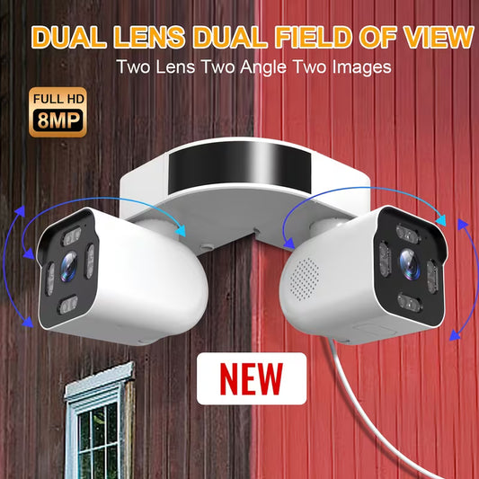 PHANSATIM 8MP Smart Wireless Wifi Security Camera Indoor & Outdoor, Dual Lens PTZ Surveillance Cameras Inside And Outside, Waterproof 360° Panoramic View External Corner Mount With Double Bullet Cam, Full Color Night Vision
