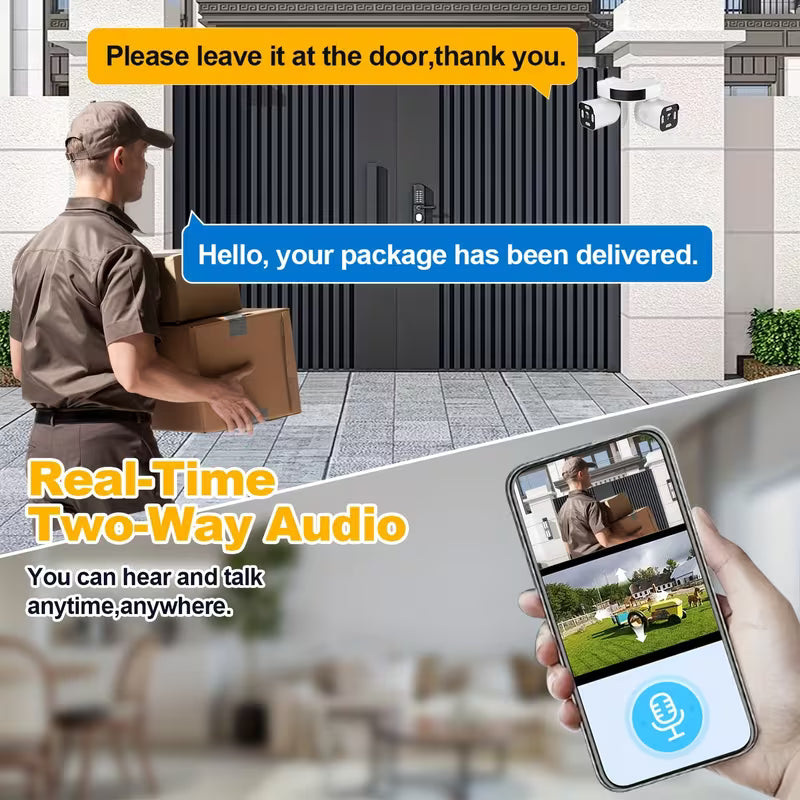 PHANSATIM 8MP Smart Wireless Wifi Security Camera Indoor & Outdoor, Dual Lens PTZ Surveillance Cameras Inside And Outside, Waterproof 360° Panoramic View External Corner Mount With Double Bullet Cam, Full Color Night Vision