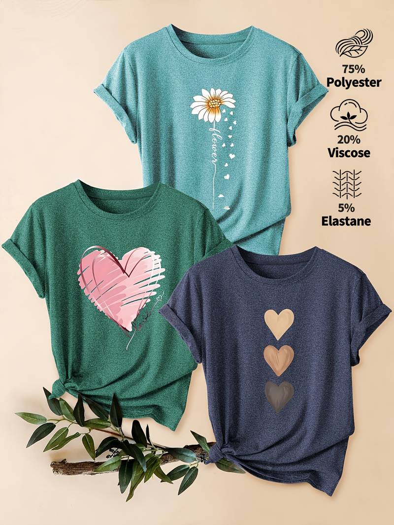 3-Pack Women's Vintage Floral & Heart Graphic Tees