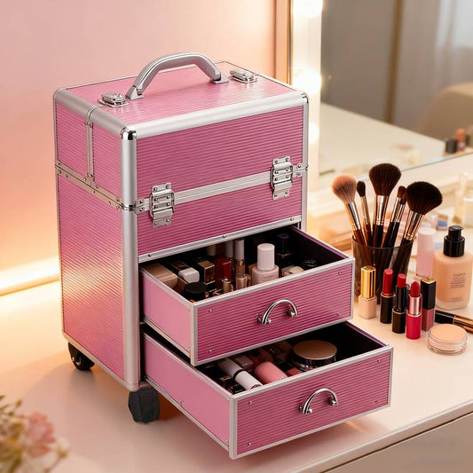 4-tier lockable pink makeup train case.