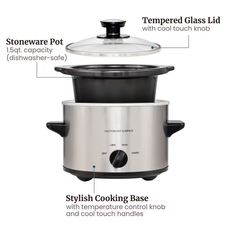 2.0Qt Slow Cooker, Adjustable Temp, Entrees, Sauces, Stews & Dips, Dishwasher Safe Glass Lid & Crock, Stainless Steel, Kitchen Appliances, Cookware, Cooking Pot, Kitchen Items, Slow Cooker, Slow Cooker, 1.5QT Slow Cooker