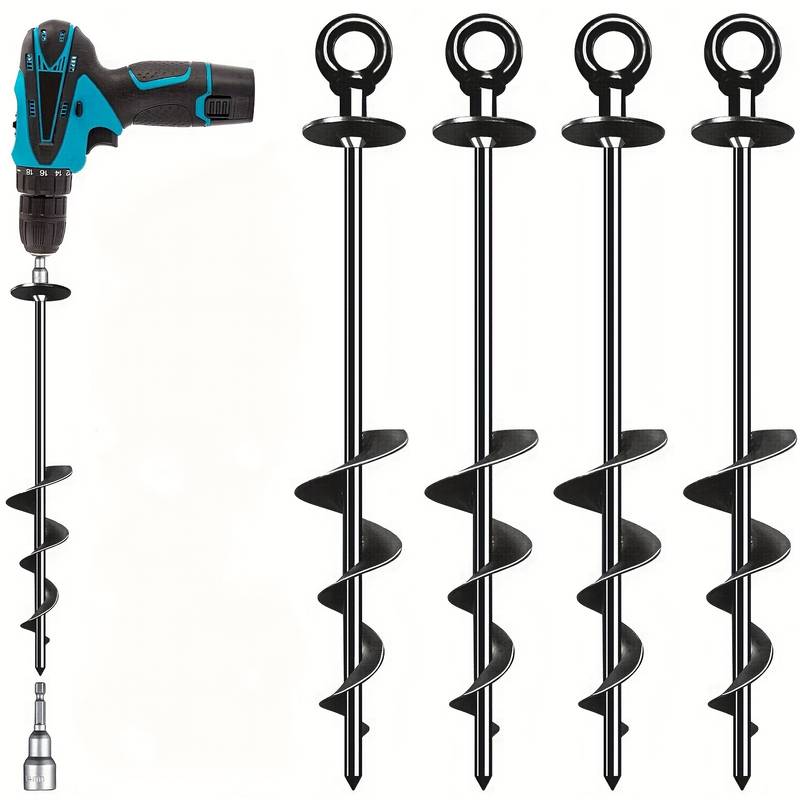 4-pack heavy-duty spiral ground anchors for secure outdoor anchoring.