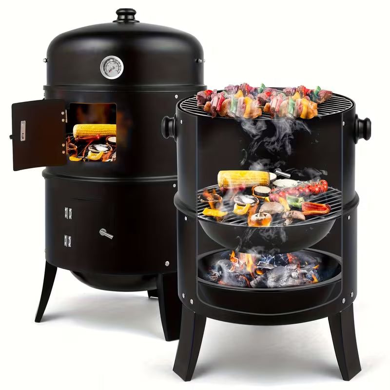 3-In-1 Portable Charcoal Smoker Grill with Built-In Thermometer, Adjustable Height BBQ Grill & Fire Pit, Large Cooking Grate, Charcoal Grill Outdoor Grill for Camping, Backyard, Tailgating, Father's Day Gift for Dad, BBQ Gifts for Men