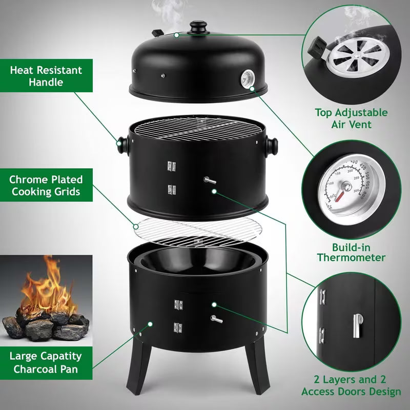 3-In-1 Portable Charcoal Smoker Grill with Built-In Thermometer, Adjustable Height BBQ Grill & Fire Pit, Large Cooking Grate, Charcoal Grill Outdoor Grill for Camping, Backyard, Tailgating, Father's Day Gift for Dad, BBQ Gifts for Men
