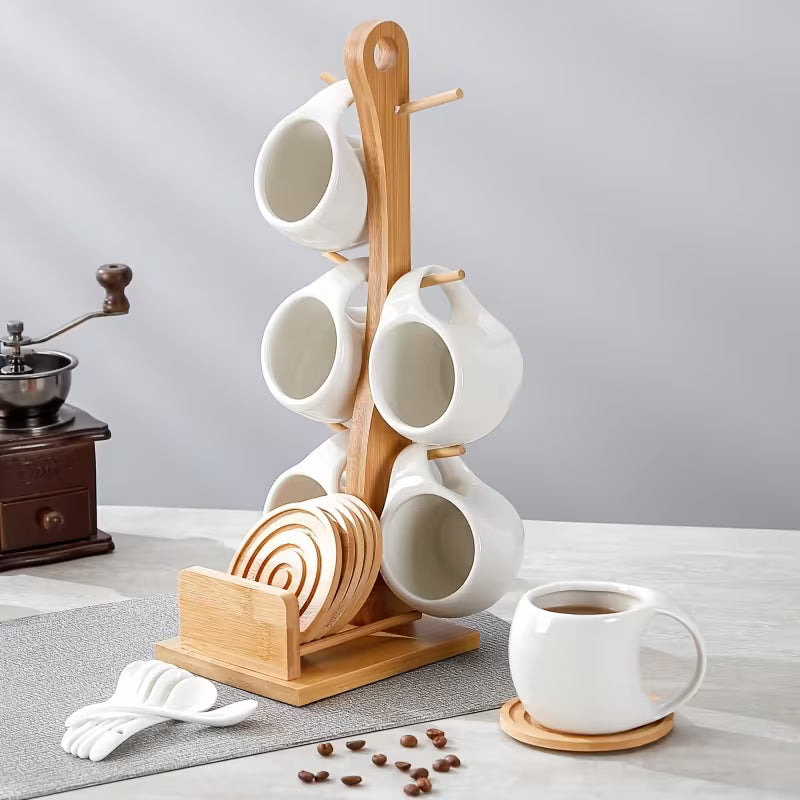 6pcs Ceramic Coffee Cup Set with Wooden Coasters and Cup Holder, Suitable for Lattes, Cappuccinos, Espresso Mugs, and Teacups - a Perfect Choice for Home, Office, or Café Use, Ideal as a Holiday Gift or Birthday Present, 200ml/6.8oz
