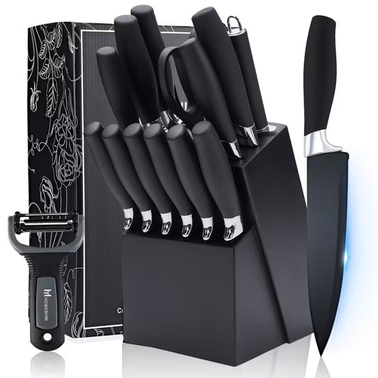 Brodark Knife Set, 15pcs Knife Sets for Kitchen with Block, Kitchen Knife Set with Built In Sharpener Block, Stainless Steel Knife Block Set, Black