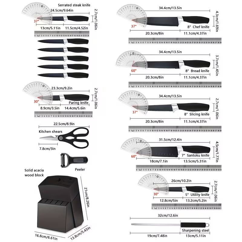 Brodark Knife Set, 15pcs Knife Sets for Kitchen with Block, Kitchen Knife Set with Built In Sharpener Block, Stainless Steel Knife Block Set, Black