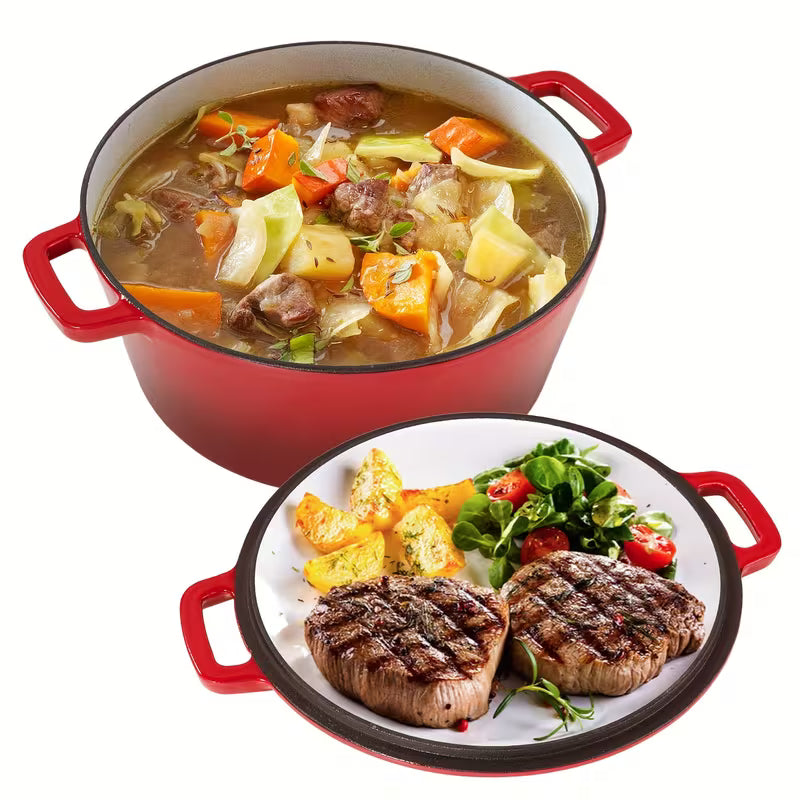 6QT 2-In-1 Enameled Cast Iron Dutch Oven, Ideal for Baking Bread, Cooking, And Stewing, Durable And Nonstick, Oven Safe Up to 500° F, Features Dual Handles, Compatible with All Stovetops