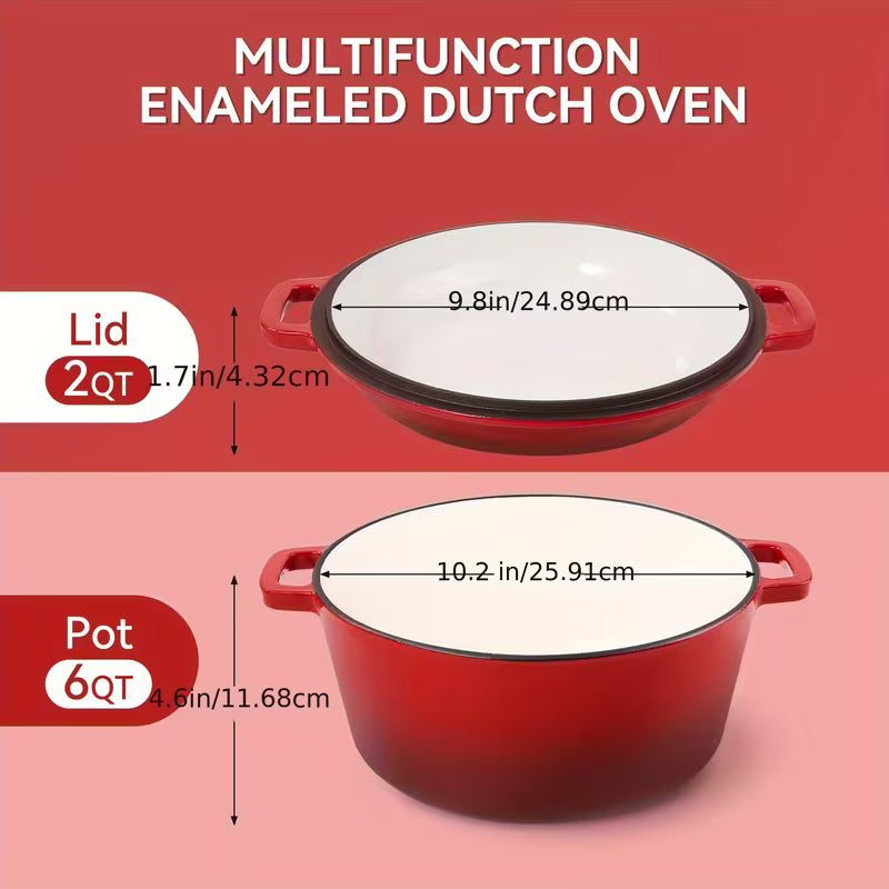 6QT 2-In-1 Enameled Cast Iron Dutch Oven, Ideal for Baking Bread, Cooking, And Stewing, Durable And Nonstick, Oven Safe Up to 500° F, Features Dual Handles, Compatible with All Stovetops