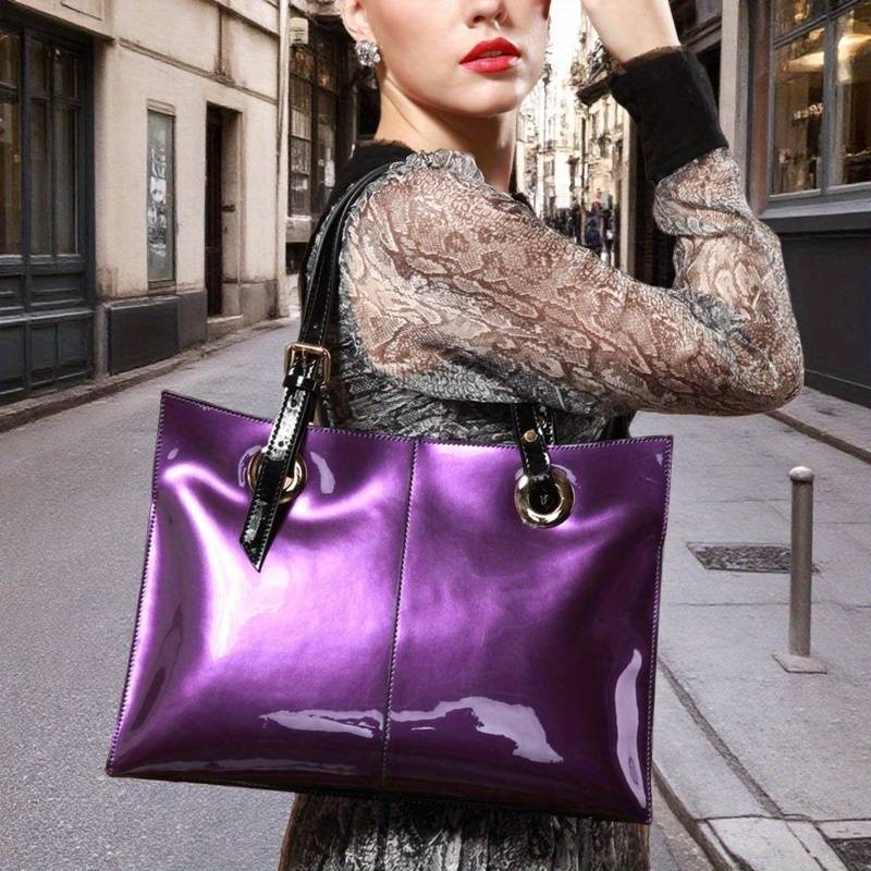 Women’s patent leather luxury tote handbag.
