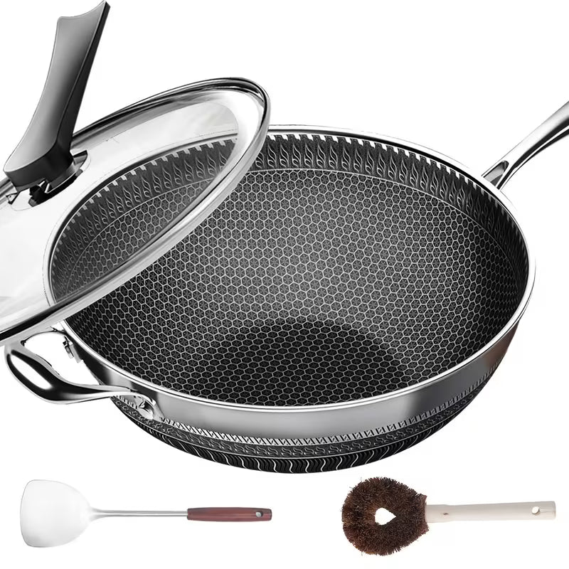 13.3Inch Stainless Steel Non-stick Wok With Lid And 2pcs Cookware Accessories, Honeycomb Design, Home Cooking Pan, Induction Cooker, Electric Ceramic Stove And Kitchenware
