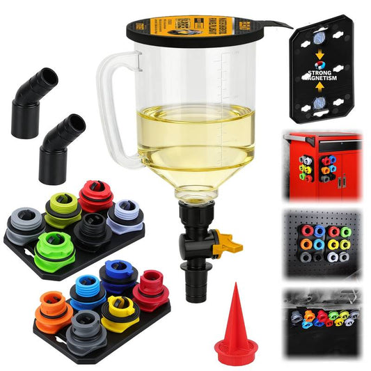 19-piece no-spill engine oil funnel kit with adapters.