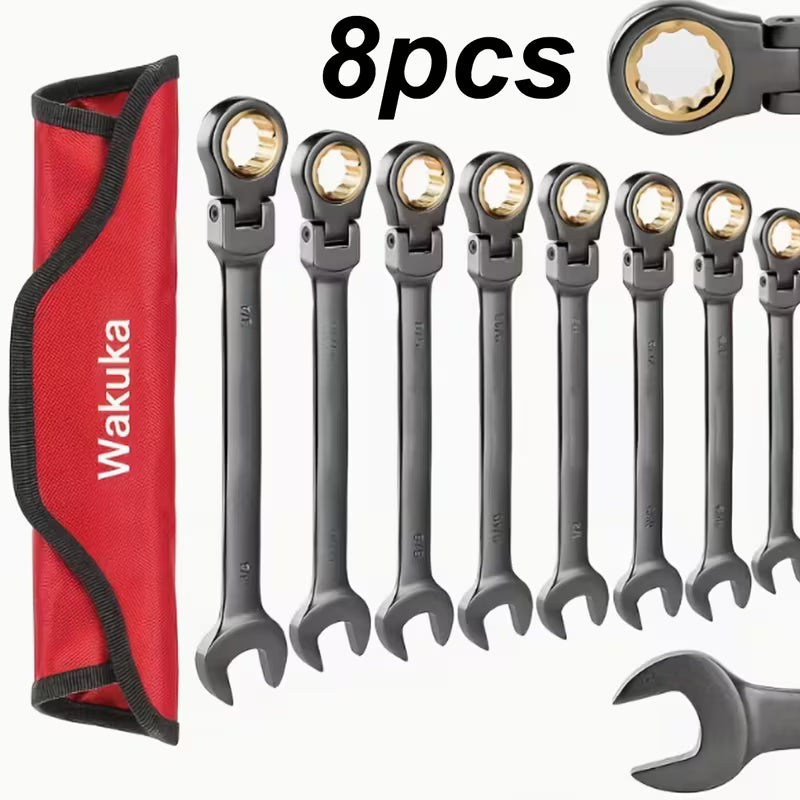 PMMJ 8pcs Set Of Elastic Head Ratchet Combination Wrench Set, Black Nickel Sandblasted Adjustable Head Wrench Set, 5/16-3/4 Inches, 72 Teeth, Cr-V Structure, With Retractable Bag