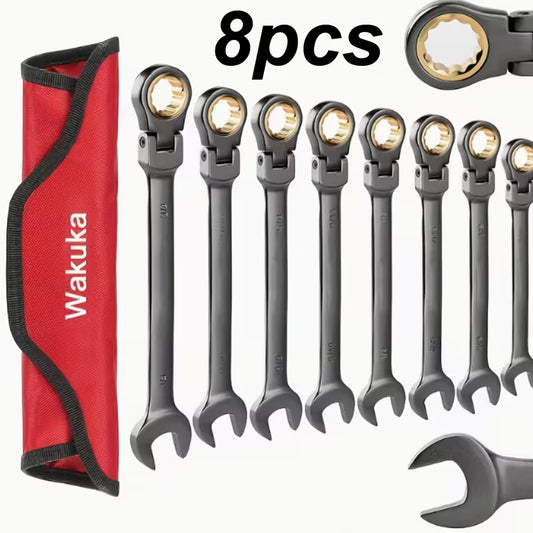 PMMJ 8pcs Set Of Elastic Head Ratchet Combination Wrench Set, Black Nickel Sandblasted Adjustable Head Wrench Set, 5/16-3/4 Inches, 72 Teeth, Cr-V Structure, With Retractable Bag