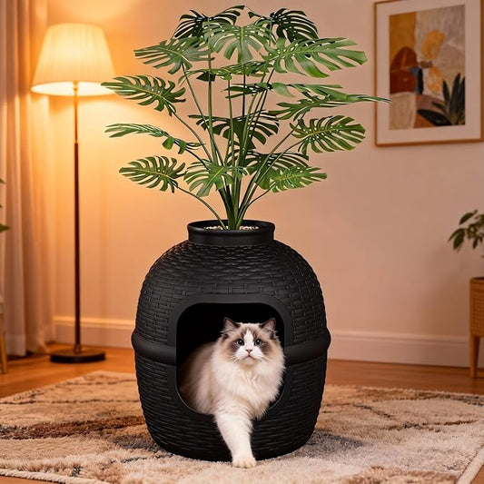 Hidden Litter Box With Plant Rattan Pattern for cat Litter Box Furniture For Large for cat PP Material Waterproof Easy Assemble Clean Indoor Valentine'S Day Gift For Cat Mom Presidents' Day
