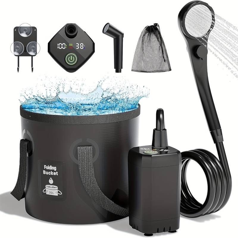 Portable rechargeable camping shower with foldable bucket.